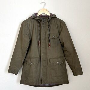 BRIDGE & BURN // Waxed Cotton Plaid Flannel Lined Utility Rain Jacket, Green, S